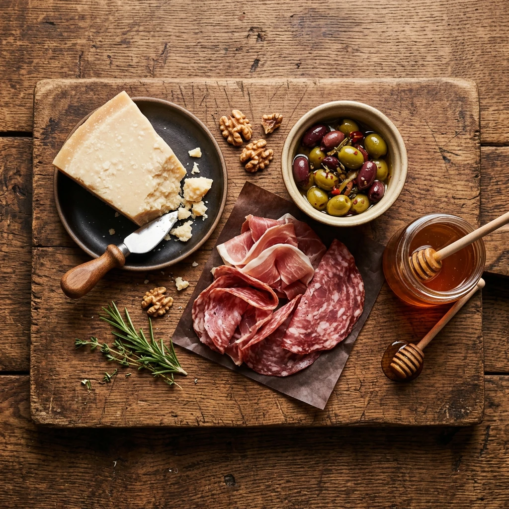 Vue overhead d'un comptoir d'épicerie avec fromages et charcuteries