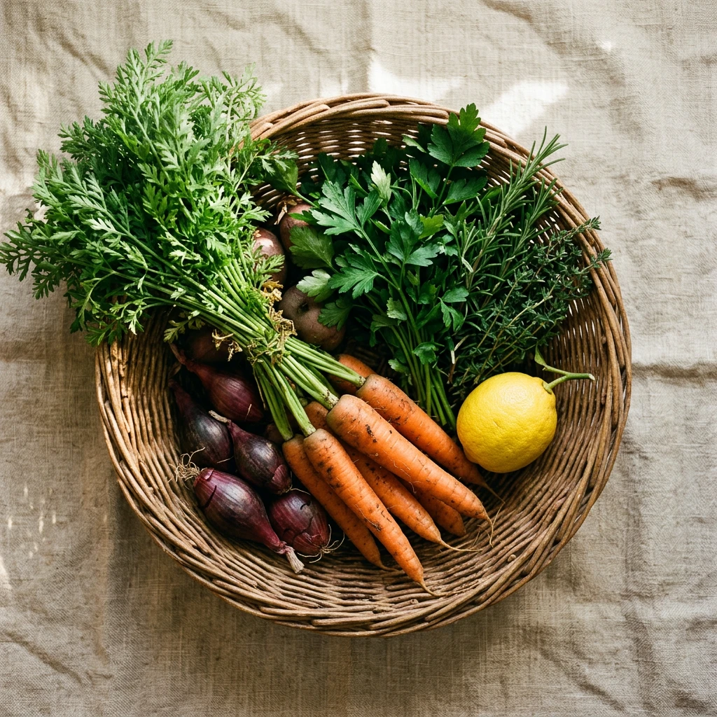 Corbeille de légumes frais et produits du terroir sur fond de lin
