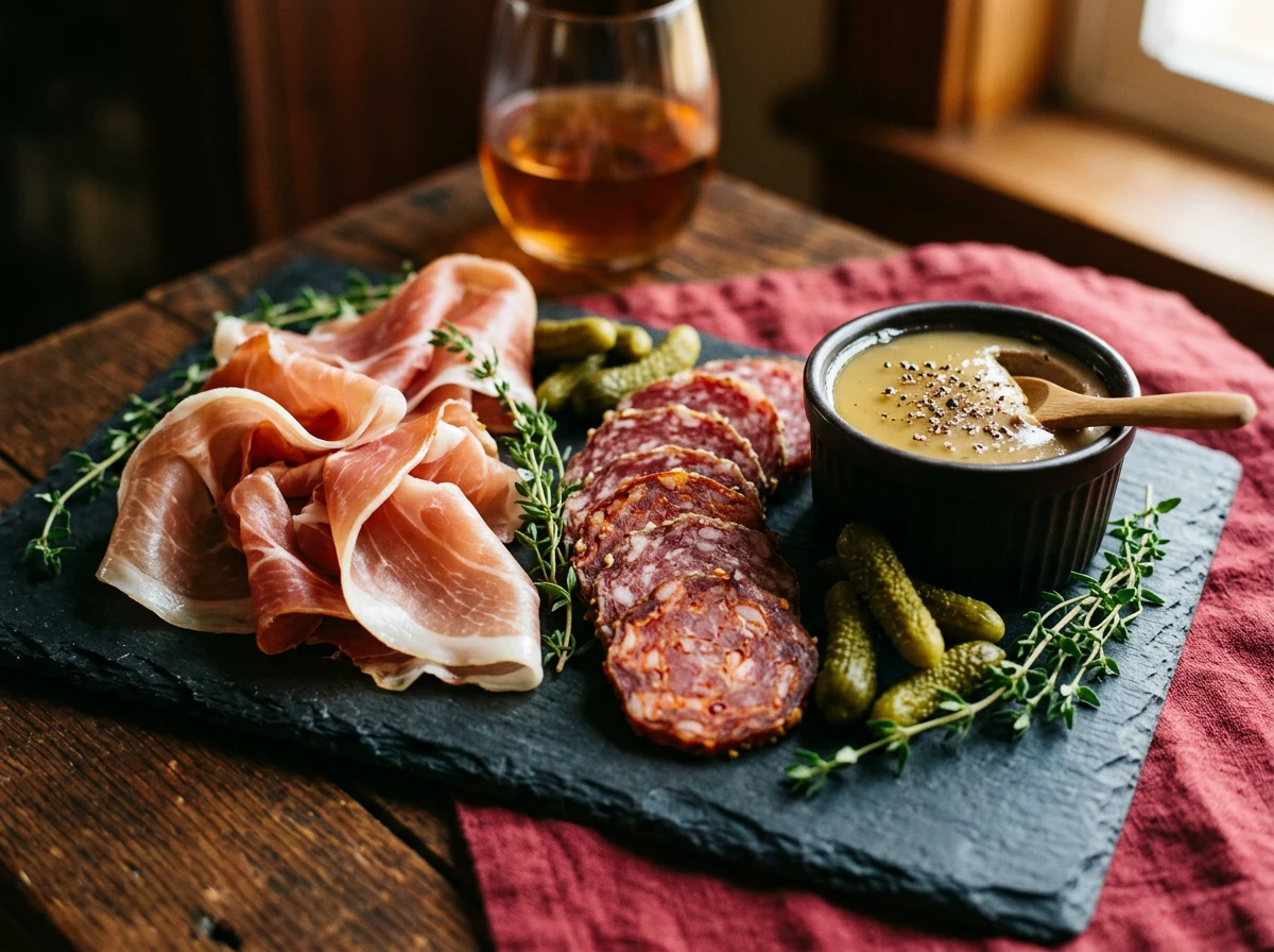 Plateau de charcuteries artisanales avec jambon, saucisson et pâté sur ardoise