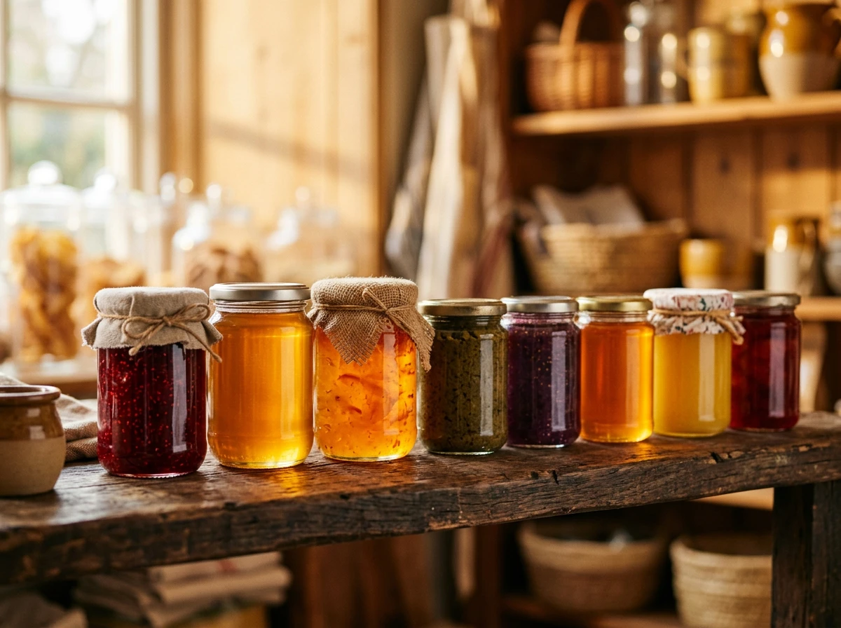 Bocaux de conserves artisanales et confitures maison alignés sur une étagère en bois
