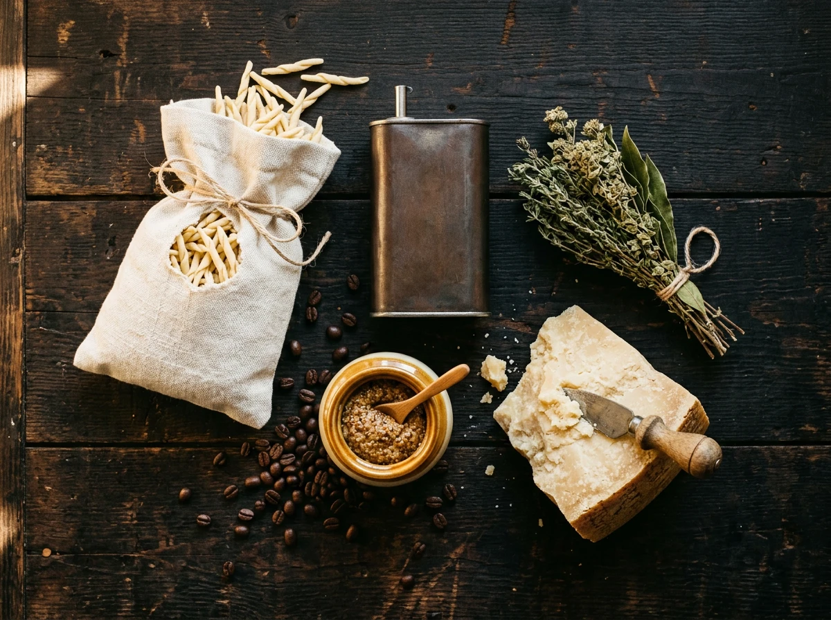 Produits d'épicerie fine artisanale — pâtes, café et condiments sur un comptoir en bois