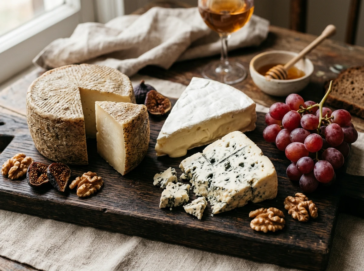 Sélection de fromages artisanaux affinés sur une planche en bois sombre